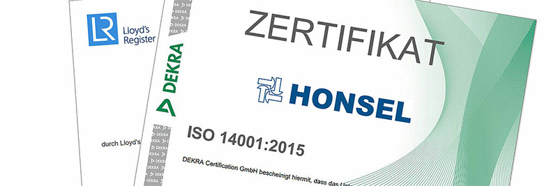 [Translate to english:] HONSEL hat in den letzten Jahren enorme Investitionen in diesem Bereich getätigt. So ist ein QS-Prozess entwickelt worden, der vorbildlich ist. Die Zertifizierungen nach ISO 14001 und IATF 16949:2016 machen dies deutlich.