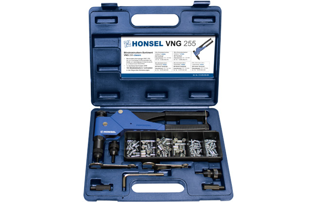 Rivet pliers VNG 255 in a case with an assortment of blind rivet nuts and blind rivet studs.